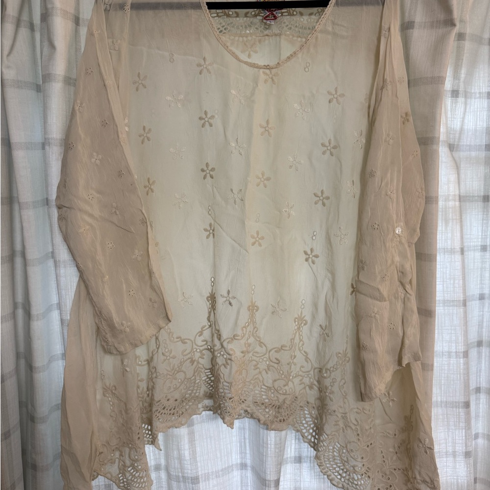 Johnny Was Cream Floral Embroidered Silk Blouse